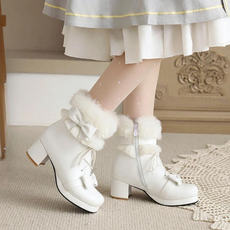 Women's Bow Ankle Boots Cute Kawaii Round Toe Chunky Heel Platform Booties Cosplay Comfy Gothic Shoes Big Size 44