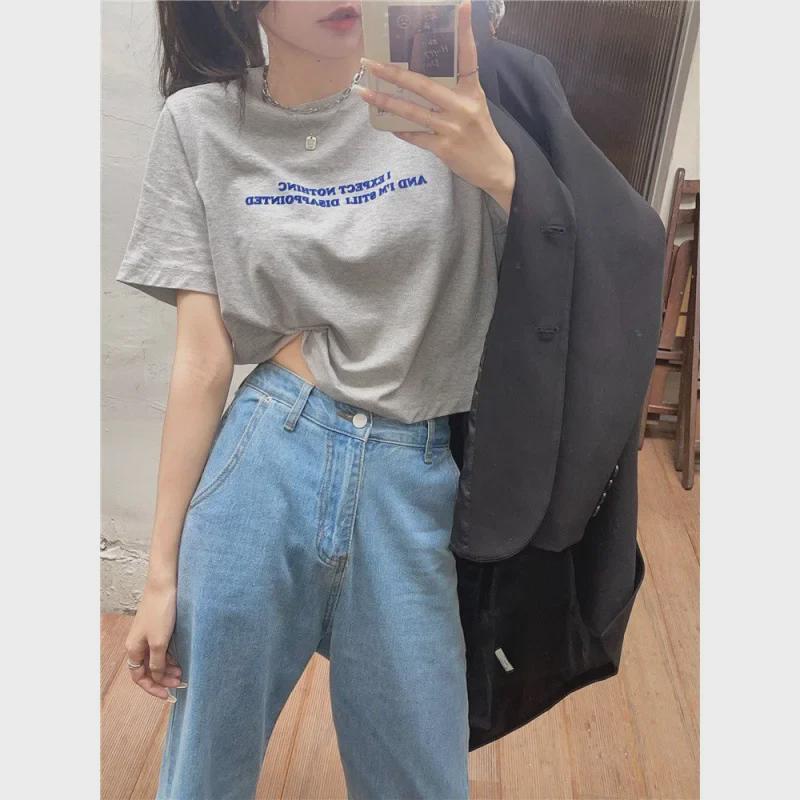 Koreanisches Locker sitzendes Kurzarm-Crop-Top mit Buchstabenaufdruck für Damen