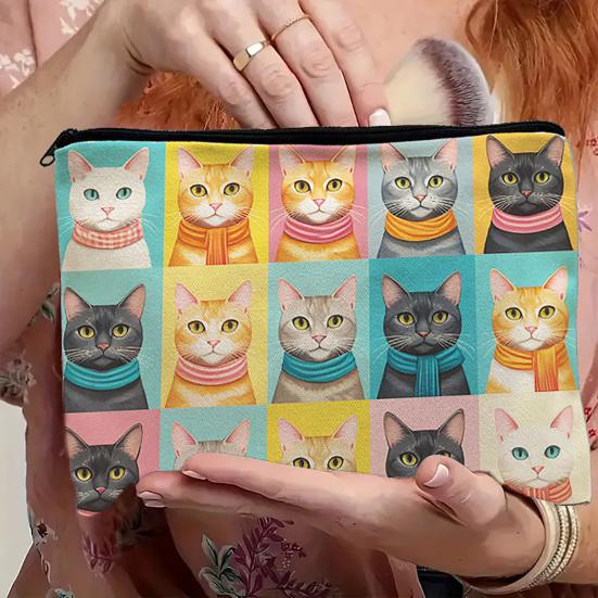 Yangyizhi Borsa portaoggetti con stampa di gatti, con cerniera liscia, astuccio multifunzione in poliestere ispessito, borsa da toilette da viaggio
