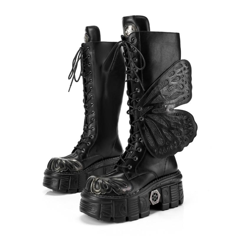 Women's Dark Platform Locomotive Boots Heavy Metal Punk Style Knee Boot Butterfly Wings Hollow Round Toe Women Boots Boats Mujer