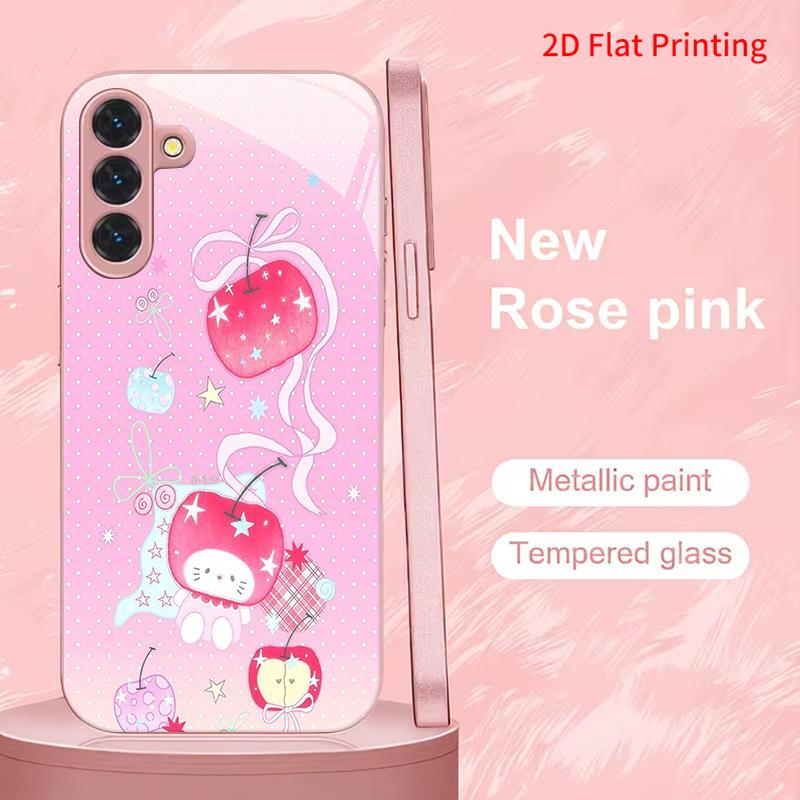 2DFlat Samsung electroplated tempered glass phone case,Cute Apple Design with Stars and RibbonsSuitable for Galaxy S26 S23 S24FE S25ULTRA S22 S21