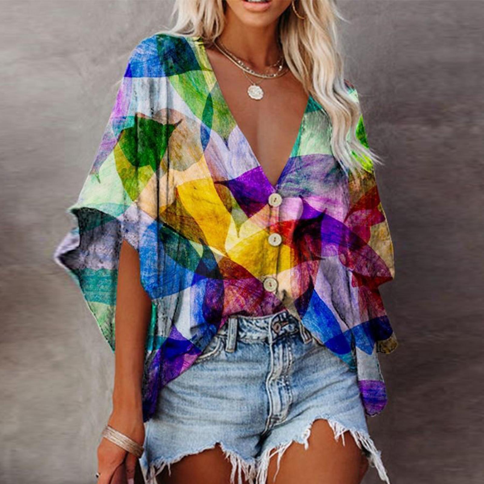 

Женская повседневная рубашка с v-образным вырезом и цифровой печатью, блузка с рукавами, свободные топы XXXXXL зелёный