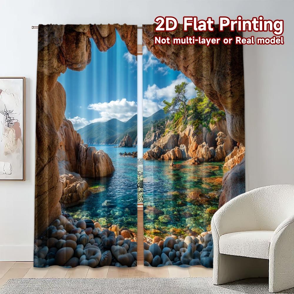 2pcs, 2D FLAT PRINTING Curtains (Without Rod) Coastal Haven Popular Light Filtering Curtains Durable Polyester Curtains
