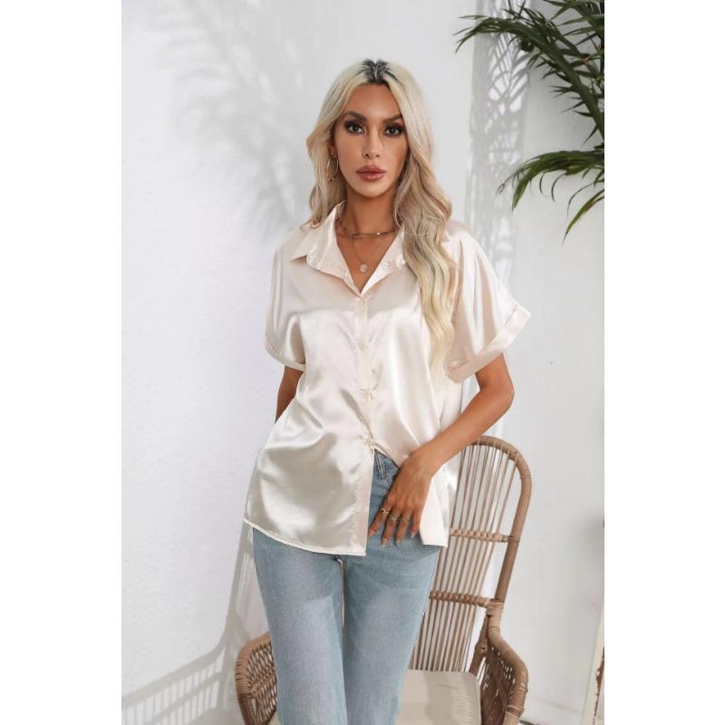 

Весенне-осенняя женская рубашка, однотонная атласная блузка с коротким рукавом, рубашка на пуговицах и плечах XXL