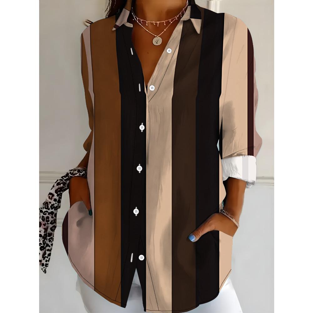 Women's Long Sleeve Shirt, Striped Loose Print Shirt, Multi-Colored Striped Element Medium Long Sleeve Collar Shirt