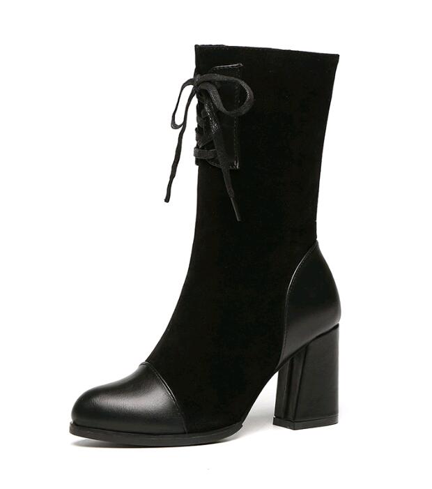 Brand Design Female Boots Leather Cross-tied Lace Up Women Boots Wool Knitting Female Motorcycle Boots Hjm9