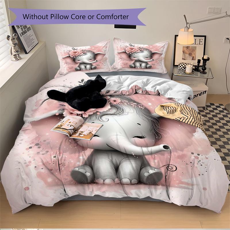 3pcs Pink Elephant Bedding Set, Including Without Filling, Soft and Comfortable Home Bedroom M084
