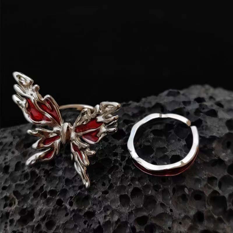 Punkowe Gotyckie Czerwone Kryształowe Pierścionki Motylkowe Dla Kobiet Vintage Metal Płynny Nieregularny Otwarty Regulowany Pierścionek Y2K Cyrkonia Prezent