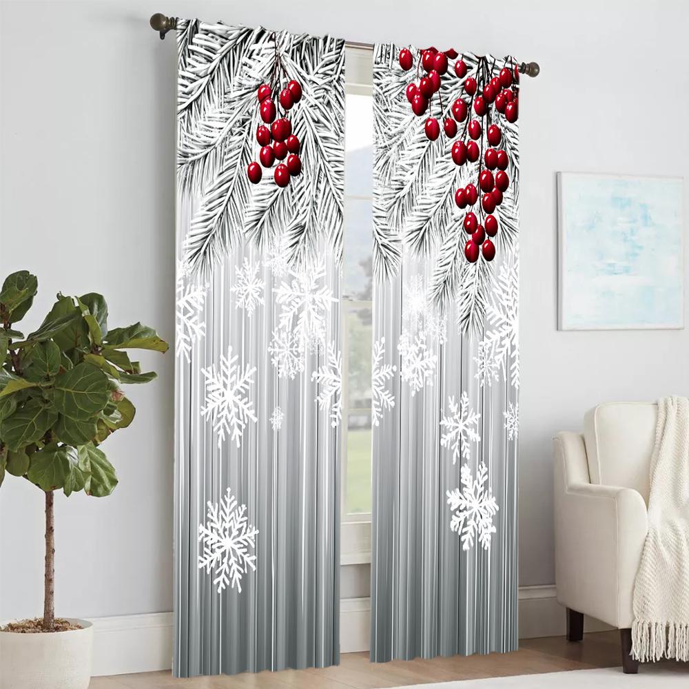 Set Of 2 Christmas Snowflake Red Berry Print Polyester Material Window Curtains Design Easy Hanging Perfect Curtain Made With Rod Pocket