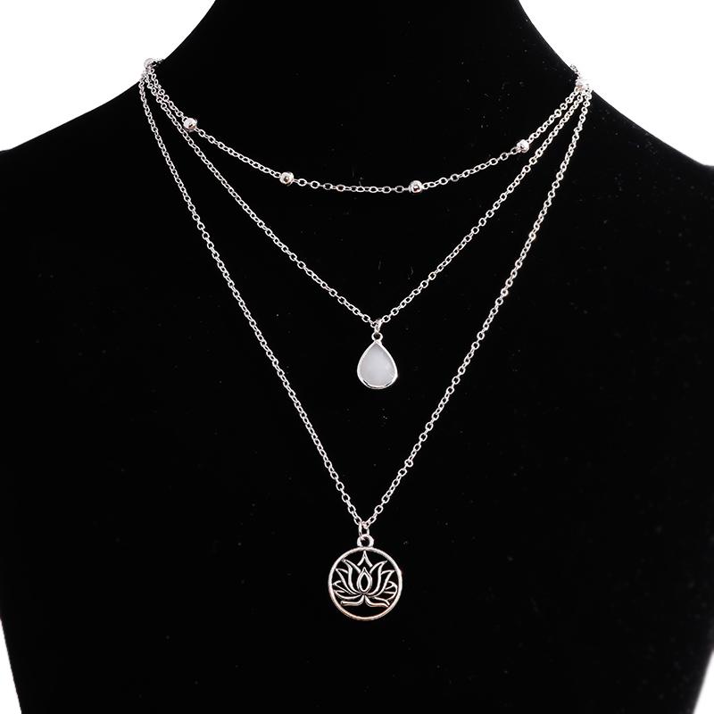 Gold Silber Farbe Buddhismus Lotusblume Halsketten für Frauen Weißer Kristall Anhänger Mehrschichtige Kette Halskette Schmuck Zubehör