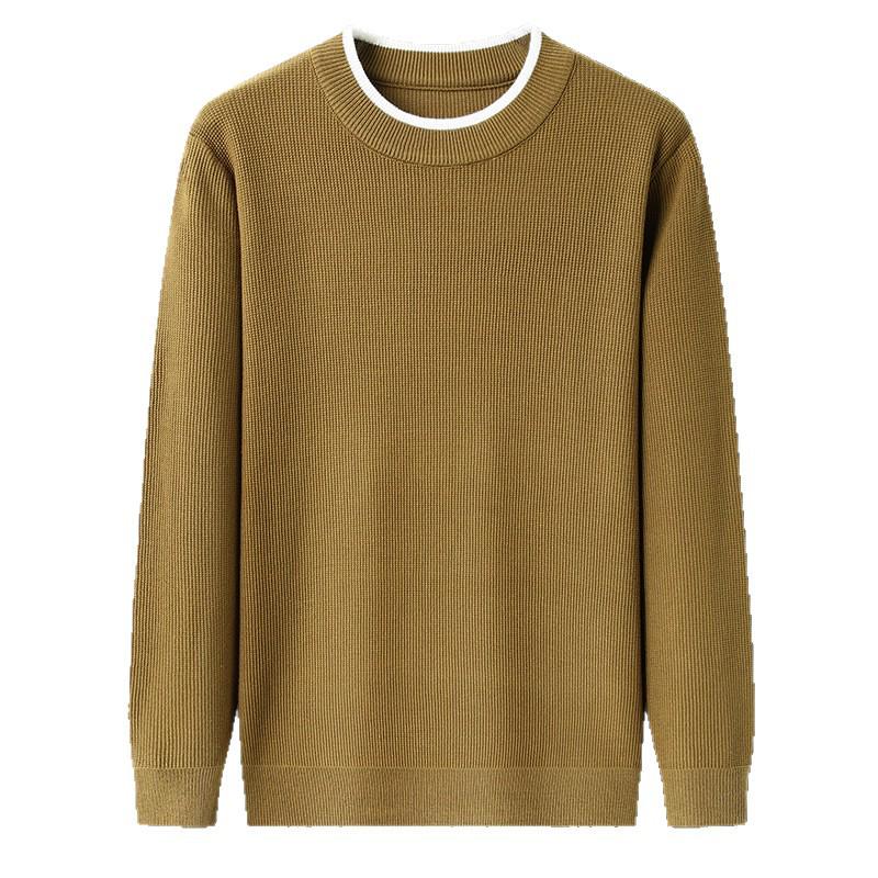 Men's Long Sleeve Round Neck Knit Sweater - Spring & Autumn Style, Fashionable Waffle Knit for Young and Middle-aged Individuals
