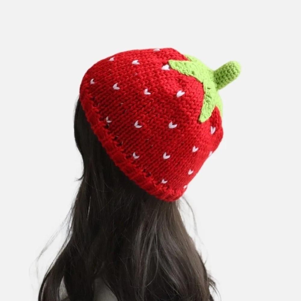 Warm Strawberry Pullover Cap Soft Skiing Hat Novelty Knitted Fruit Hat  Winter Head Accessory
