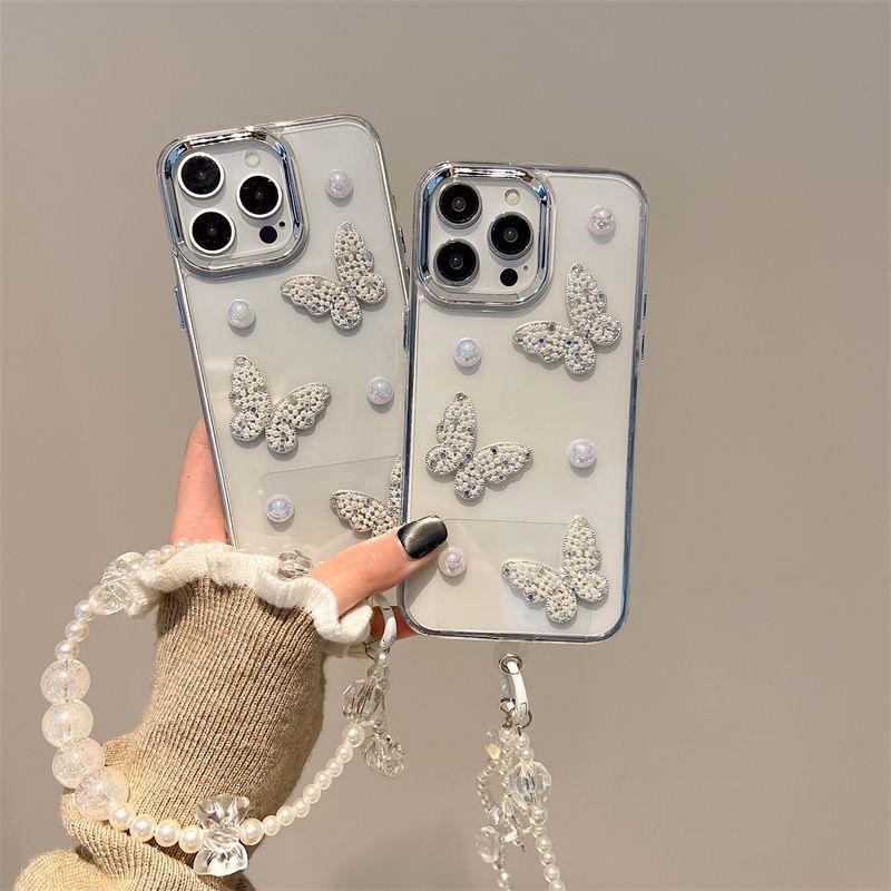 Applicable To Apple 15 Mobile Phone Case Three-dimensional Pearl Butterfly 17promax Transparent 13 Niche Luxury Women's 12 Soft Case