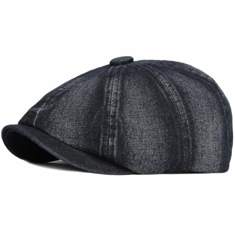HT3777 Berets Men Women Flat Cap Hat Washed Cotton Denim Beret Cap Vintage Artist Painter Beret Hat Unisex Octagonal  Cap