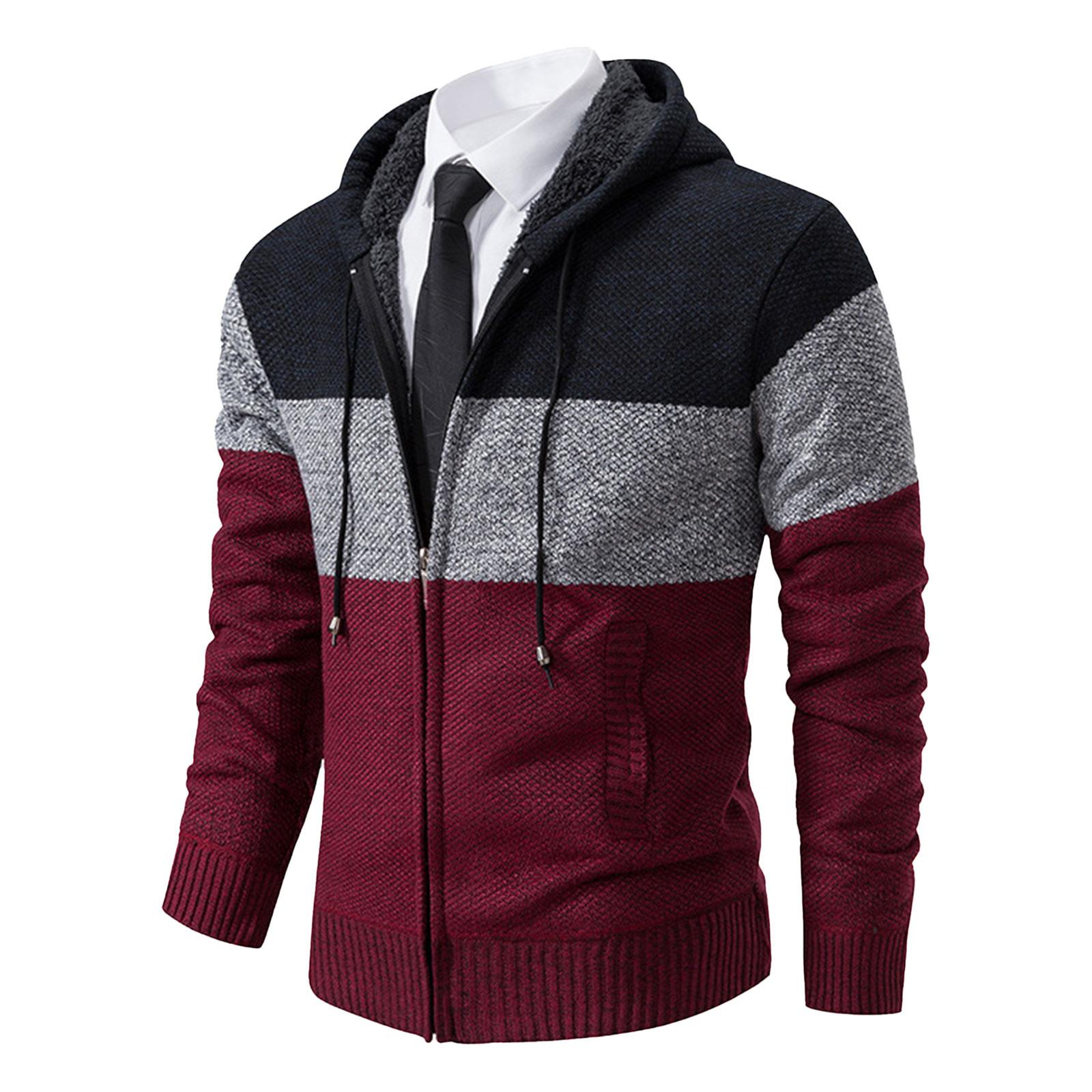 

Мужской свитер с цветными блоками и толстым бархатом, повседневный вязаный свитер, модная куртка с капюшоном для мужчин XL винный