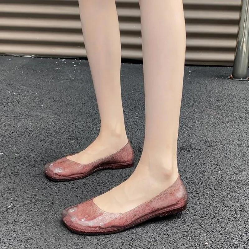 Fashion Women Jelly Shoes Daily Leisure Flats Square Toe Slip-On Size 37-42 Sandals PVC Transparent Flat Sandals Beach Women Shoes