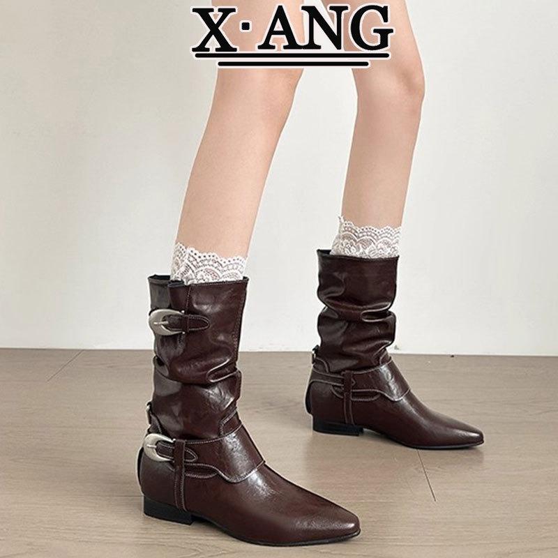 

Cowhide version brown pile boots women s western cowboy boots autumn new thick heel knight boots Martin boots 40