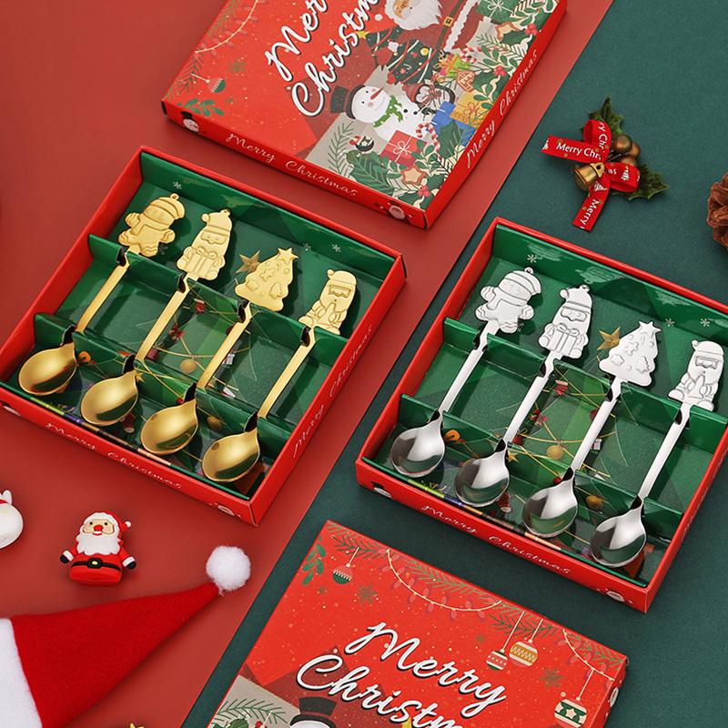 Durable Stainless Steel Christmas Spoon Set 4Pcs Adorable Snowman Santa Tree Handle Flatware for Daily Xmas Dining Use