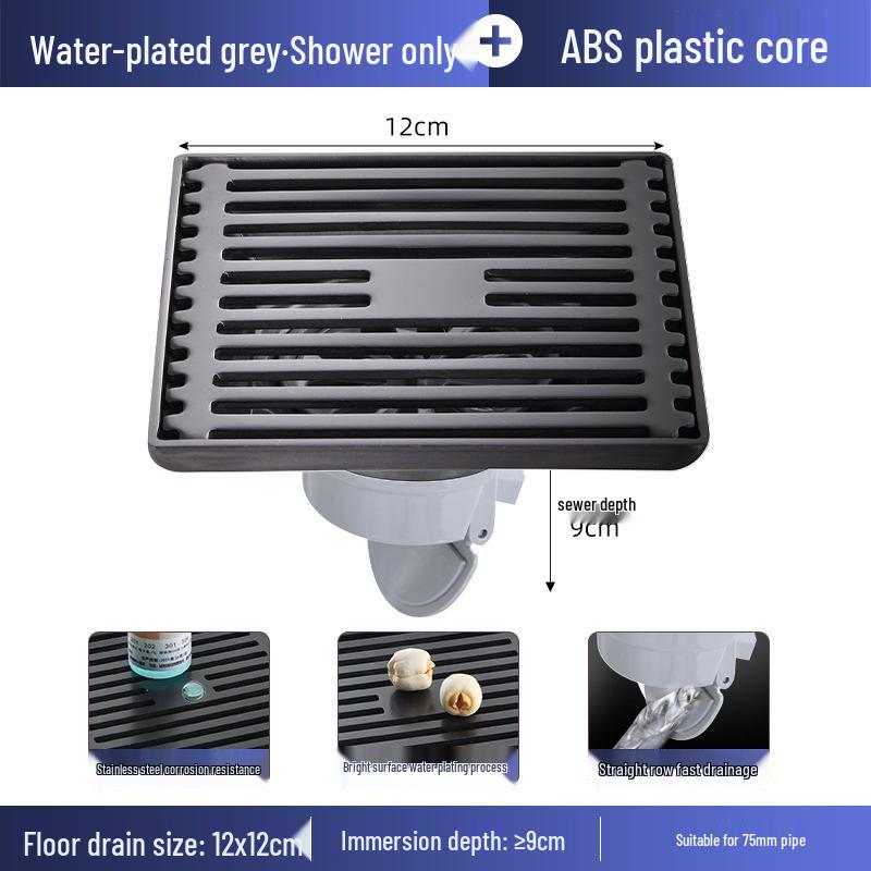 Gunmetal Gray 304 Stainless Steel Odor-Resistant Floor Drain with Copper Core for Shower & Washing Machine.