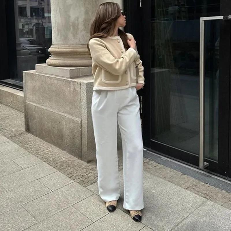 Elegant Patchwork Short Coat Women Slim Contrast O-neck Long Sleeve Single Breasted Pockets Jacket 2024 Autumn Lady Top Outwear