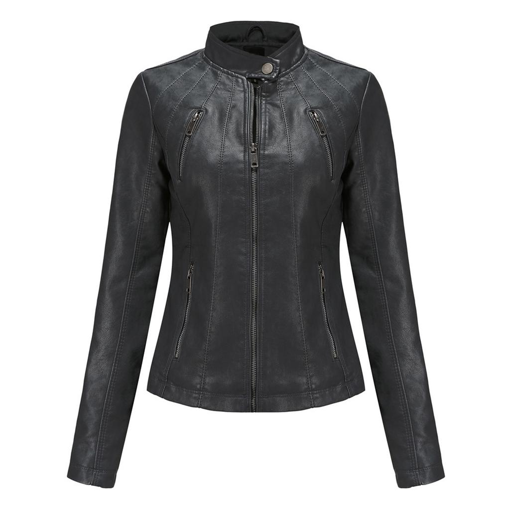 Women's Slim Leather Stand-Up Collar Zipper Stitching Solid Color Jacket