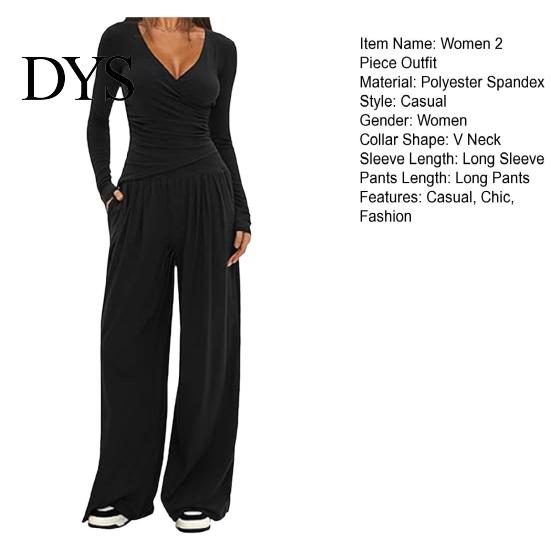 Stilvoller lockerer Damenanzug Damen 2-teiliges Loungewear-Set V-Ausschnitt Langarm-Oberteil Einfaches einfarbiges Outfit Und Weitbeinige Hosen Set Frühling Herbst Freizeit