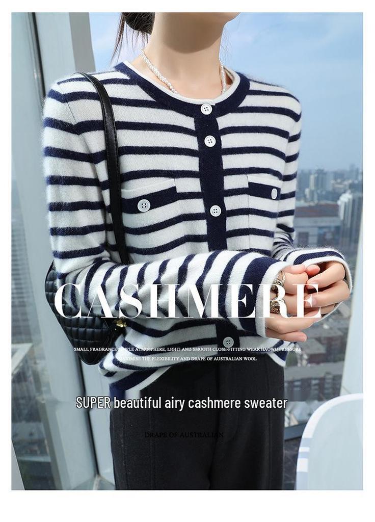 Women's Striped Cashmere Sweater Cardigan - Long Sleeve, Round Neck, Color Block, Fashionable and Age-Reducing for Winter.