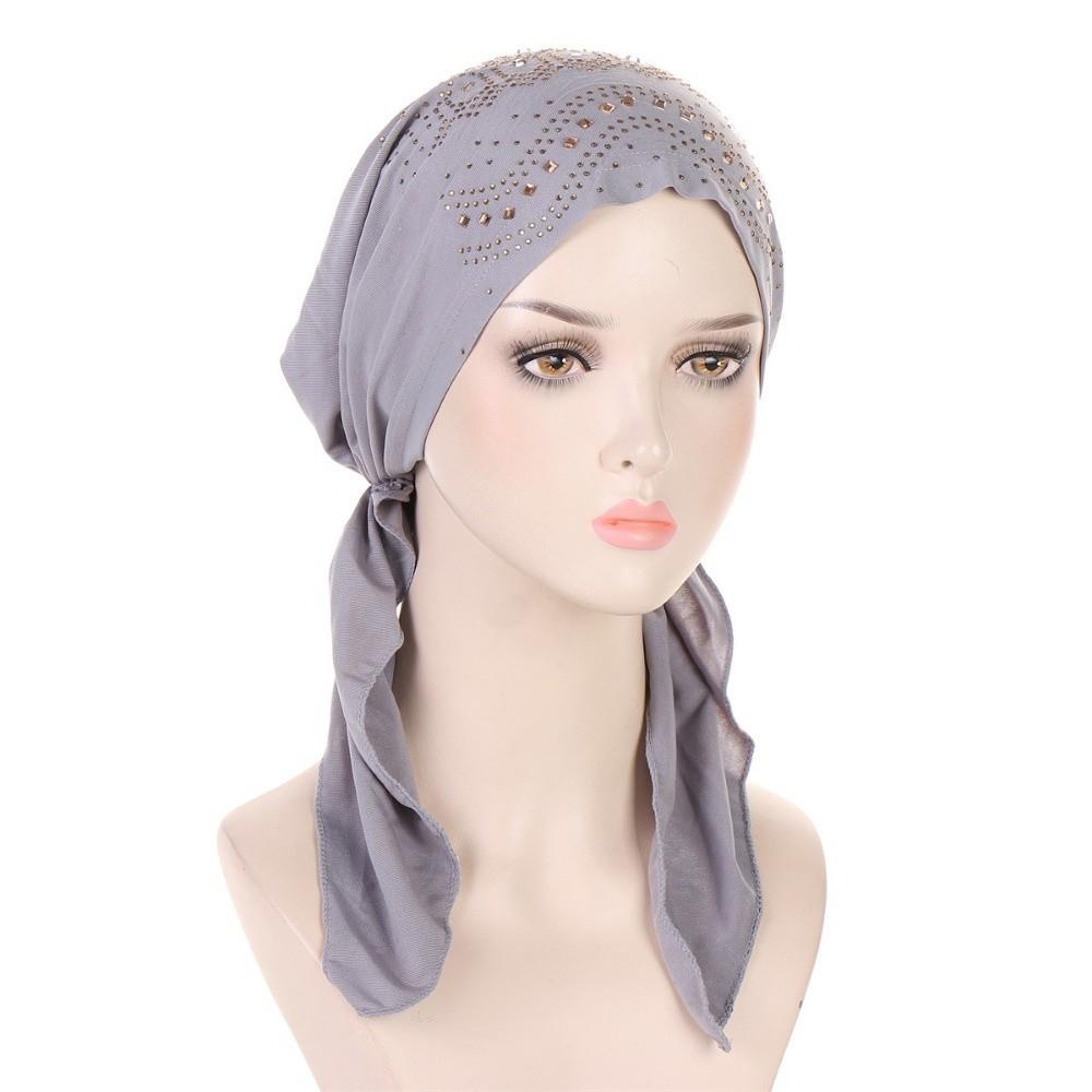

Soft Elastic Muslim Headscarf Hat Thin Summer Rhinestone Hijab Caps Muslim Hijabi сірий