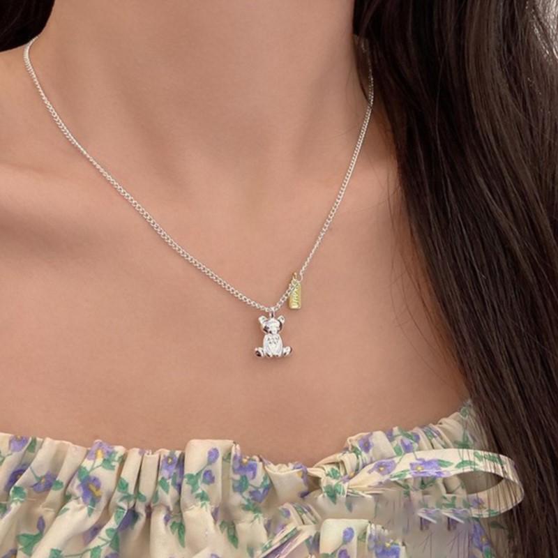 ANENJERY Little Bear Love Heart Letter Necklace For Women Men Clavicle Chain Fashion Jewelry Birthday Gift