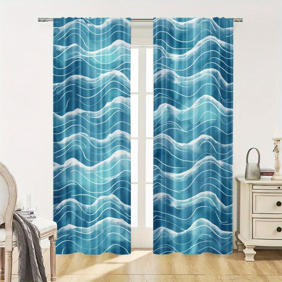 Digital Printed Curtains with Blue Ocean Waves Design, Stylish Window Drapes for Living Room Bedroom Home Decoration