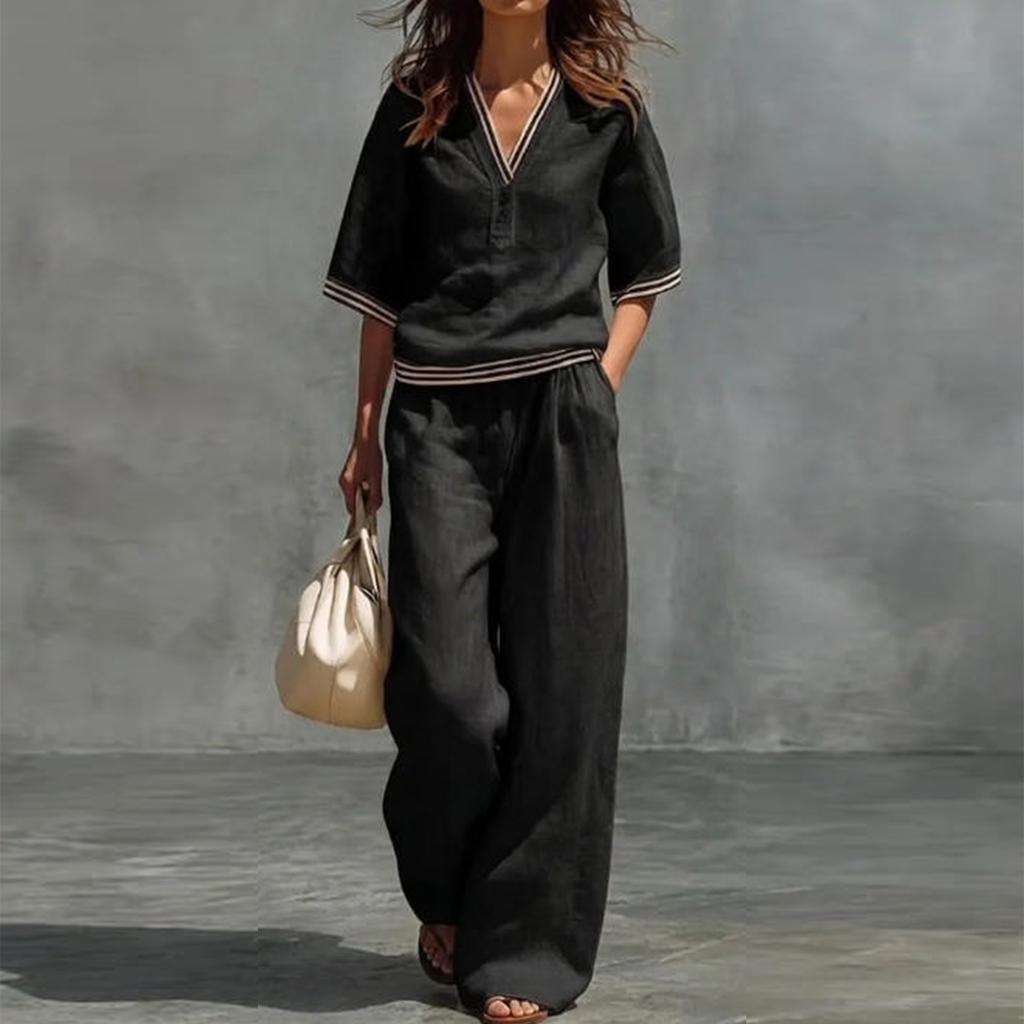 Damen Freizeit Zweiteiler V-Ausschnitt Kurzarm Top und Weite Hosen Lounge Outfit Leichter Bequemer Stoff Stilvolles Design