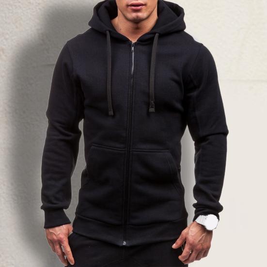 Men Hoodie Hooded Cardigan Zip Up Trendy Warm Pure Color Autumn Coat for Daily Wear