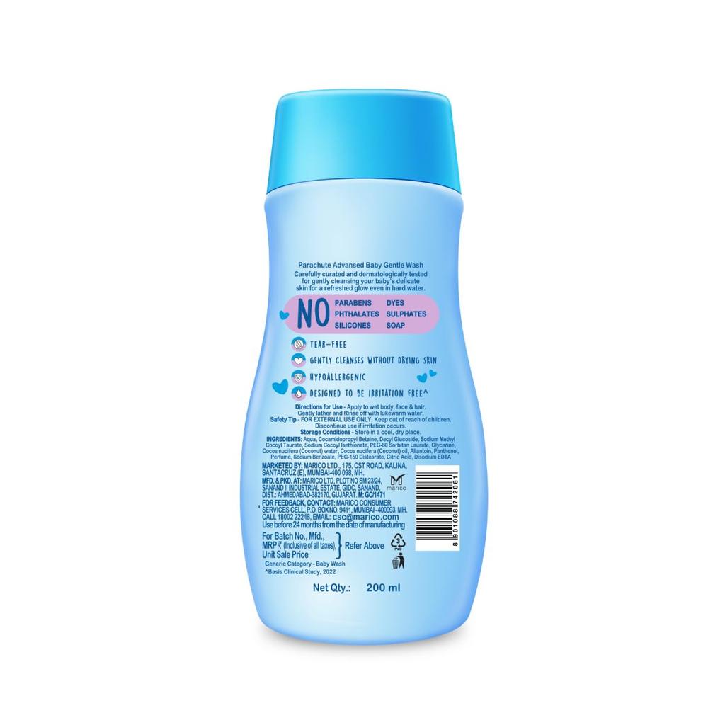 PARACHUTE Advansed Baby Jemný mycí gel 200 ml | Koupel pro novorozence bez slz | Čisticí prostředek s pH 5,5 pro jemnou pokožku