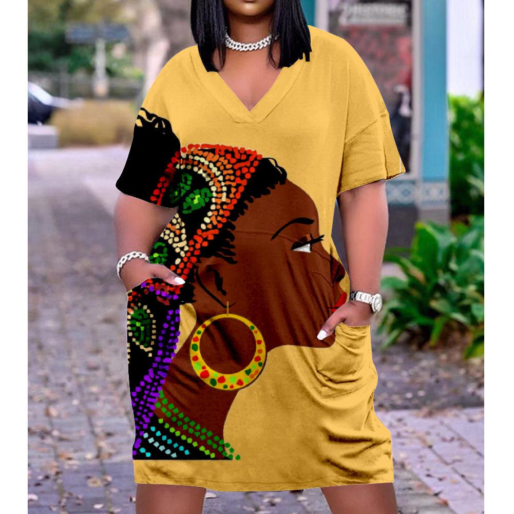 2026 digital printing cross-border temperament commuter skirt pullover V-neck dress