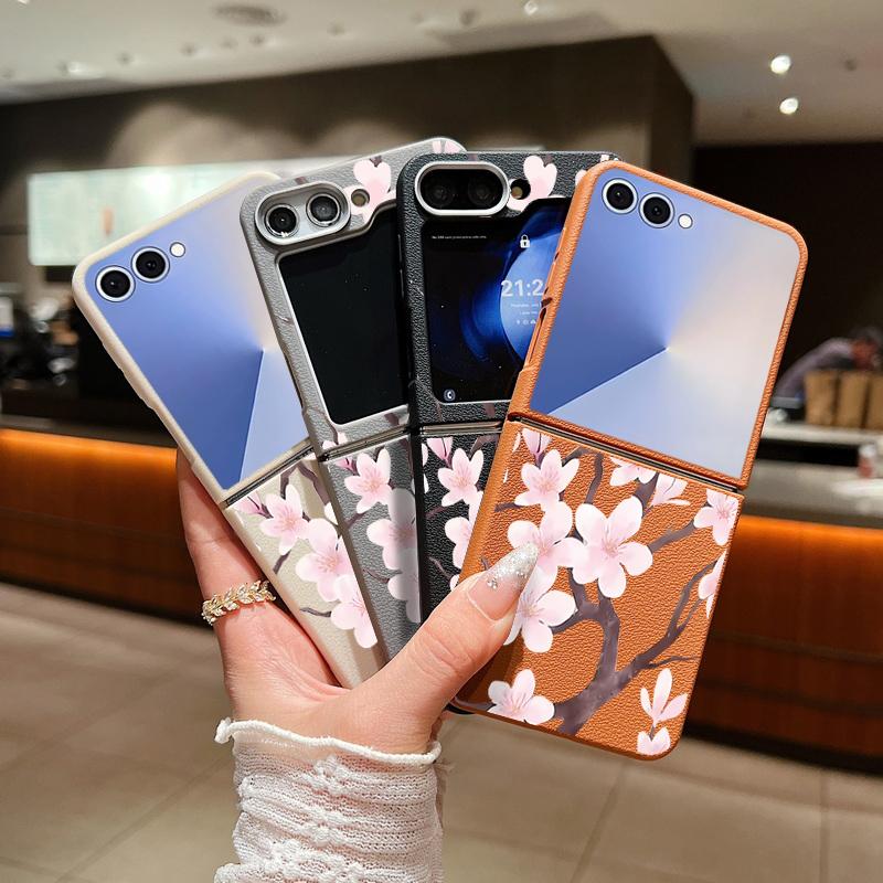 Z Flip 7 Case Hand-drawn Style Sakura Pattern Leather Texture Folding Fhone Cover For Samsung Galaxy Z Flip 7 6 5 4 Flip7 Flip6 Flip5