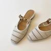 Self-kept version~ Gentle and versatile low-heeled woven toe shoes women's French metal one-word belt hollow and breathable, half slippers