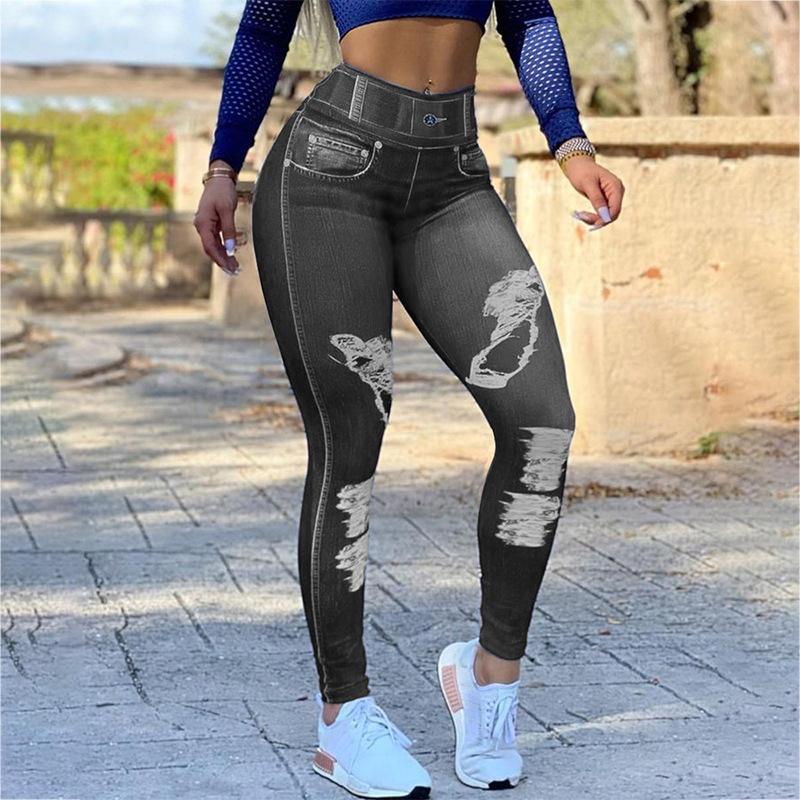High-Waisted Plus Size Women's Faux Denim Leggings for Fitness & Yoga