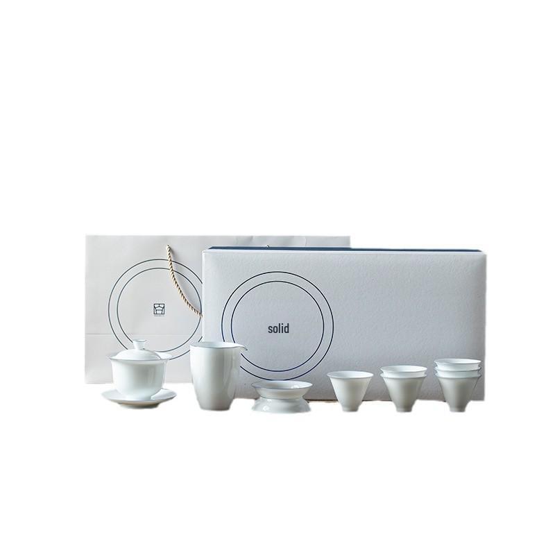 Minimalist White Jade Porcelain Kung Fu Tea Set: Handmade Teacups & Gaiwan Business Gift