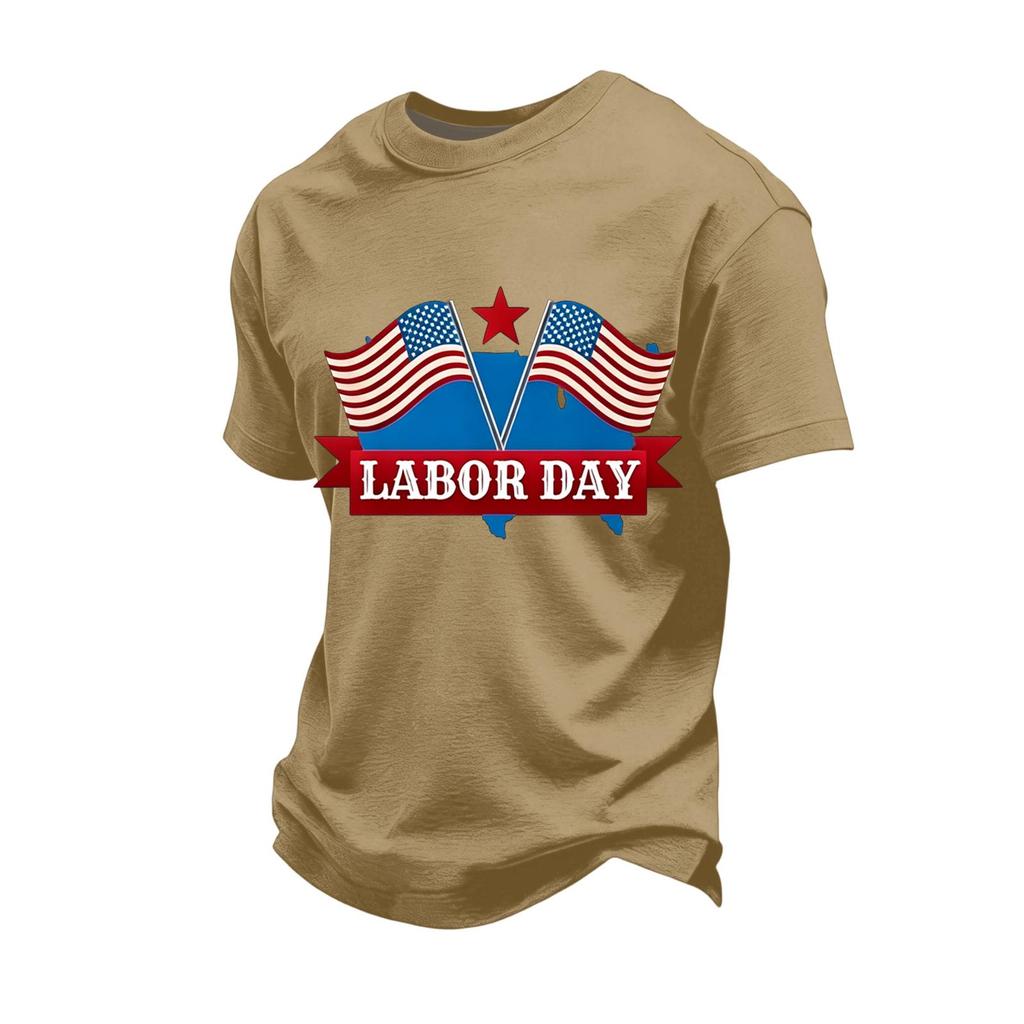 Men's Loose Fit Short Sleeve Casual T-Shirt Labor Day Printed Crew Neck Cotton Blend Top for Everyday Wear