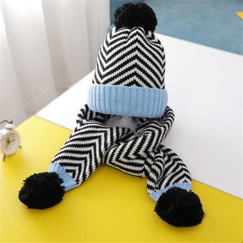 Winter Kind Warme Strickmütze Und Schal Kind Patchwork Streifen Hut 2 Stück Set Junge Mädchen Gehörschutz Kappe Mit pom Pom Schals