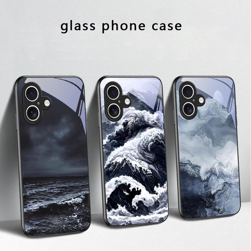 Abstract Modern Waves For iPhone 17 Air 16 E 15 Plus 14 Pro Max 13 12 mini 11 5 6 7 8 Plus XR XS Max SE Black Glass Phone Case