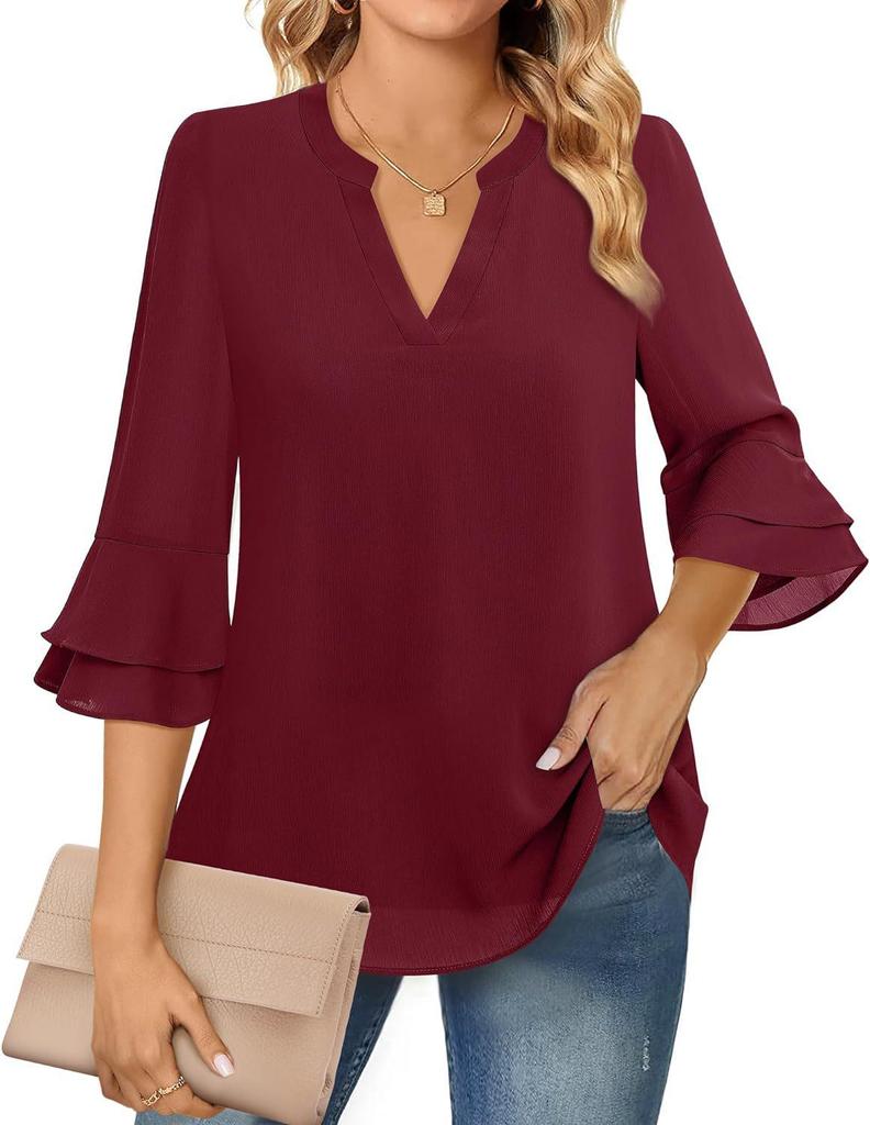 Women's V-Neck Double-Layer Chiffon Top with Flare & Tie-Waist Detailing