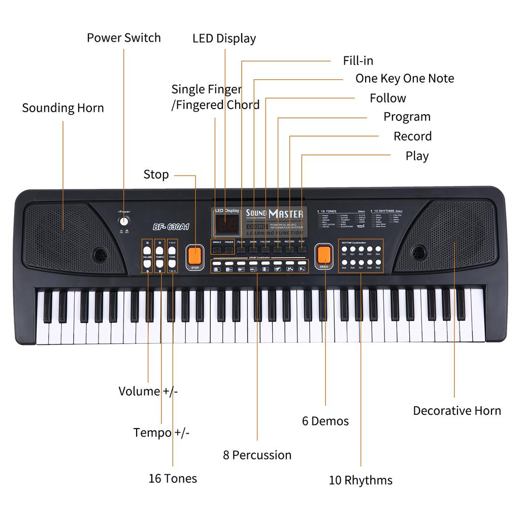 BIGFUN 61 Keys USB Electronic Organ Kids Electric Piano with Microphone Black Digital Music Electronic Keyboard with