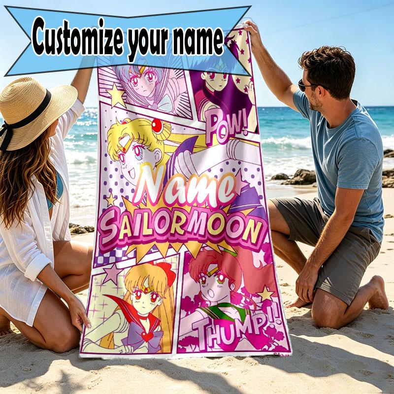 Custom Name Personalized Sailor Moon Print Beach Towel, for Trip Camping Beach Party Home Decor, Birthday Gift for Family & Friends