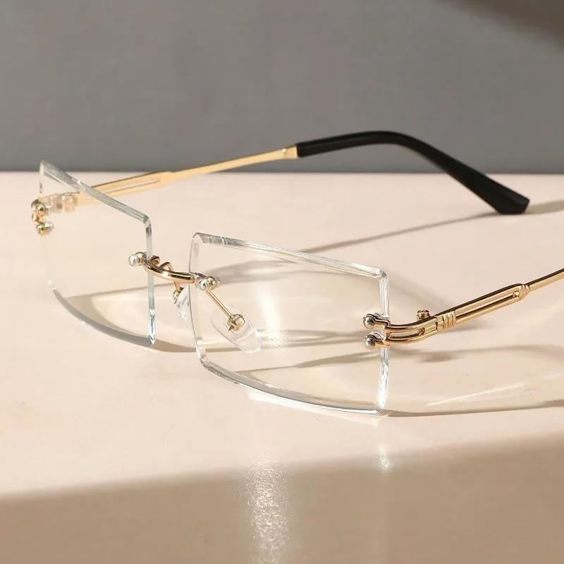 2PCS Retro Square Vintage Rimless Clear Lens Glasses for Women and Men Fashion Transparent Eyewear with Metal Frame and Hinges