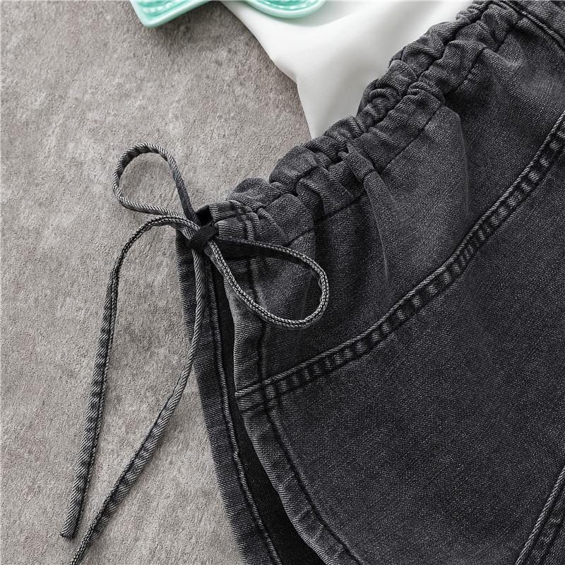 High-Waist Elastische Jeans-Shorts: Damen 2022 Sommer Schlank geschnitten A-Linie Kordelzug Weites Bein Design