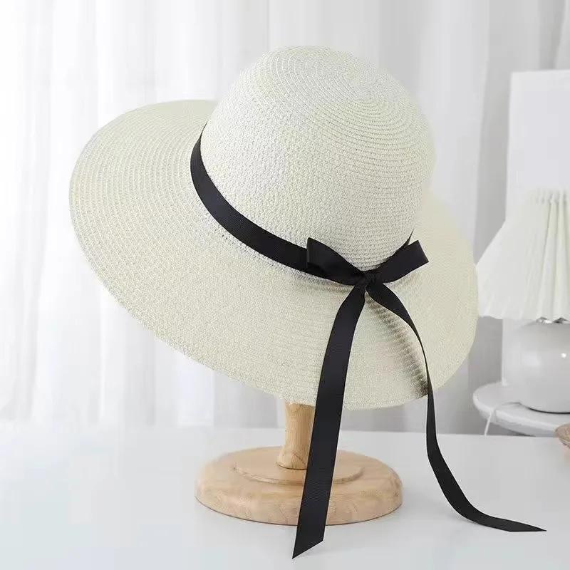 

Large Eave Straw Hat for Woman Black Bow Tie EdgeSunscreen Foldable Beach Hat Outdoor Seaside Vacation Fashionable and Elegent 58CM