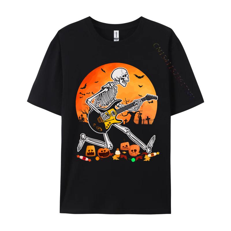Skeleton Playing Bass Guitar Halloween T Shirt Normal Fall Retro Funny Pure Cotton Camisa Mens Tshirts Funny Clothing