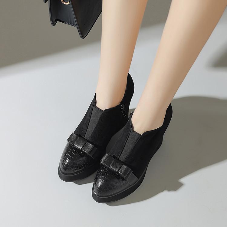 Platform bow wedge heel leather shoes 2025 spring 10.5cm super high heel splicing sheepskin small leather shoes