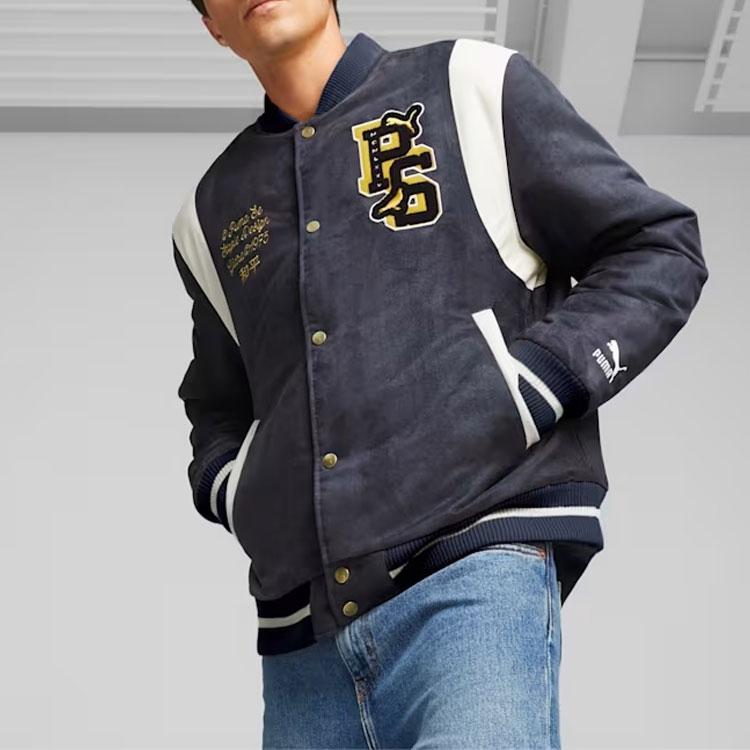 Puma X Staple Varsity Jacket Striped Letter Print Stand Collar Long Sleeve Jacket Men Jacket Blue 622203-16